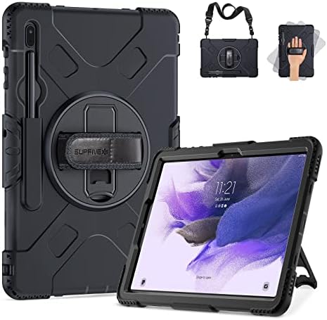 , SUPFIVES Case for Samsung Galaxy Tab S7 FE/ S8 Plus 12.4 Inch: [Upgraded Military Grade] Full-Physique Rugged Protecting Tender Silicone Cowl &#8211; Kick Stand- Deal with/Shoulder Strap- S Pen Holder- Black