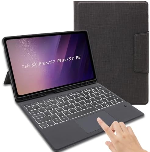 , Keyboard Case for Samsung Galaxy Tab S8 Plus/S7 FE/S7 Plus 12.4 inch &#8211; Slim Wi-fi Sensible Contact Trackpad Keyboard Folio Pill Cowl &#8211; Backlit Keyboard with Kickstand for Tab S8+ / S7 FE/ S7+ Black