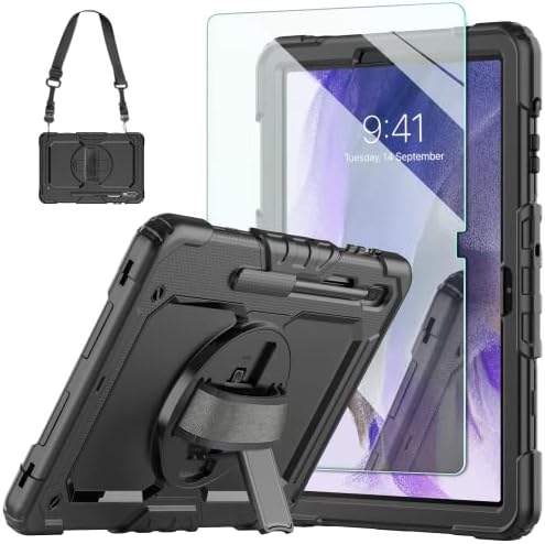 , Case for Samsung Galaxy Tab S8 Plus/S7 FE/S7+12.4 inch, with 9H Tempered Glass Display screen Protector [Upgraded Military Grade] Ambison Heavy Responsibility Shockproof Cowl with S-Pen Holder &#038; Strap (Black)