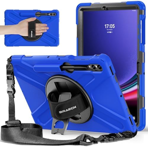 , BRAECNstock Case for Samsung Galaxy Tab S9 FE+/S9 Plus/S8 Plus/S7 FE 5g/S7 Plus 12.4 inch,Shockproof Protecting Tab S9+/S8+/S7 FE/S7+ Pill Children Cowl with Pen Holder,Rotating Hand Strap&#038;Stand,Blue