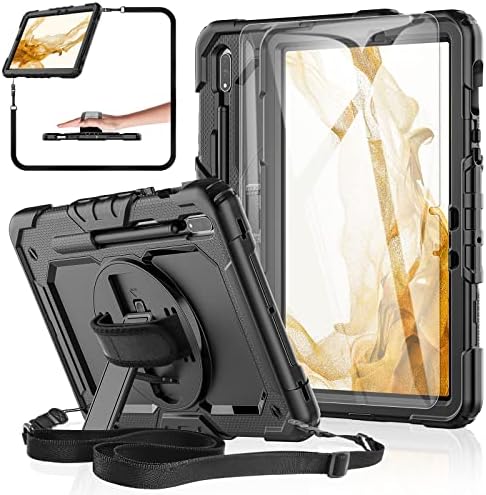 , Samsung Galaxy Tab S8/S7 11-inch 5G Pill Case 2022/2020, [with Tempered Glass Screen Protector] BASE MALL Full Physique Protecting Case,360° Rotating Kickstand/Hand &#038; Shoulder Strap/S Pen Holder (Black)