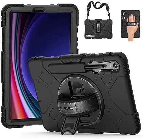 , SUPFIVES Case for Samsung Galaxy Tab S9 11 Inch 2023: Upgraded Navy Liquid Silicone 3-Layer Shockproof Protector Pill S9 Cowl with S-Pen Holder+ Deal with+ Rotating Stand+ Shoulder Strap- Black