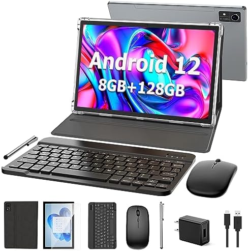 , Android Pill 10 inch, Android 12 Pill, 8GB RAM 128GB ROM,1TB Increase, 5G WiFi, 4G/LTE, Bluetooth, 8000mAh Battery, Google Licensed, 2 in 1 Pill with Keyboard, Mouse, Case, Stylus(Black)