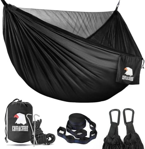 , Covacure Camping Hammock &#8211; Lightweight Double Hammock, Hold Up to 772lbs, Portable Hammocks for Indoor, Outdoor, Hiking, Camping, Backpacking, Travel, Backyard, Beach(Black)