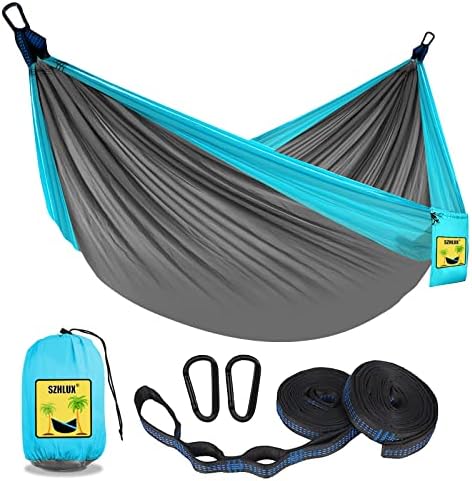 , SZHLUX Camping Hammock Double &#038; Single Portable Hammocks with 2 Tree Straps and Attached Carry Bag,Great for Outdoor,Indoor,Beach,Camping,Light Grey / Sky Blue