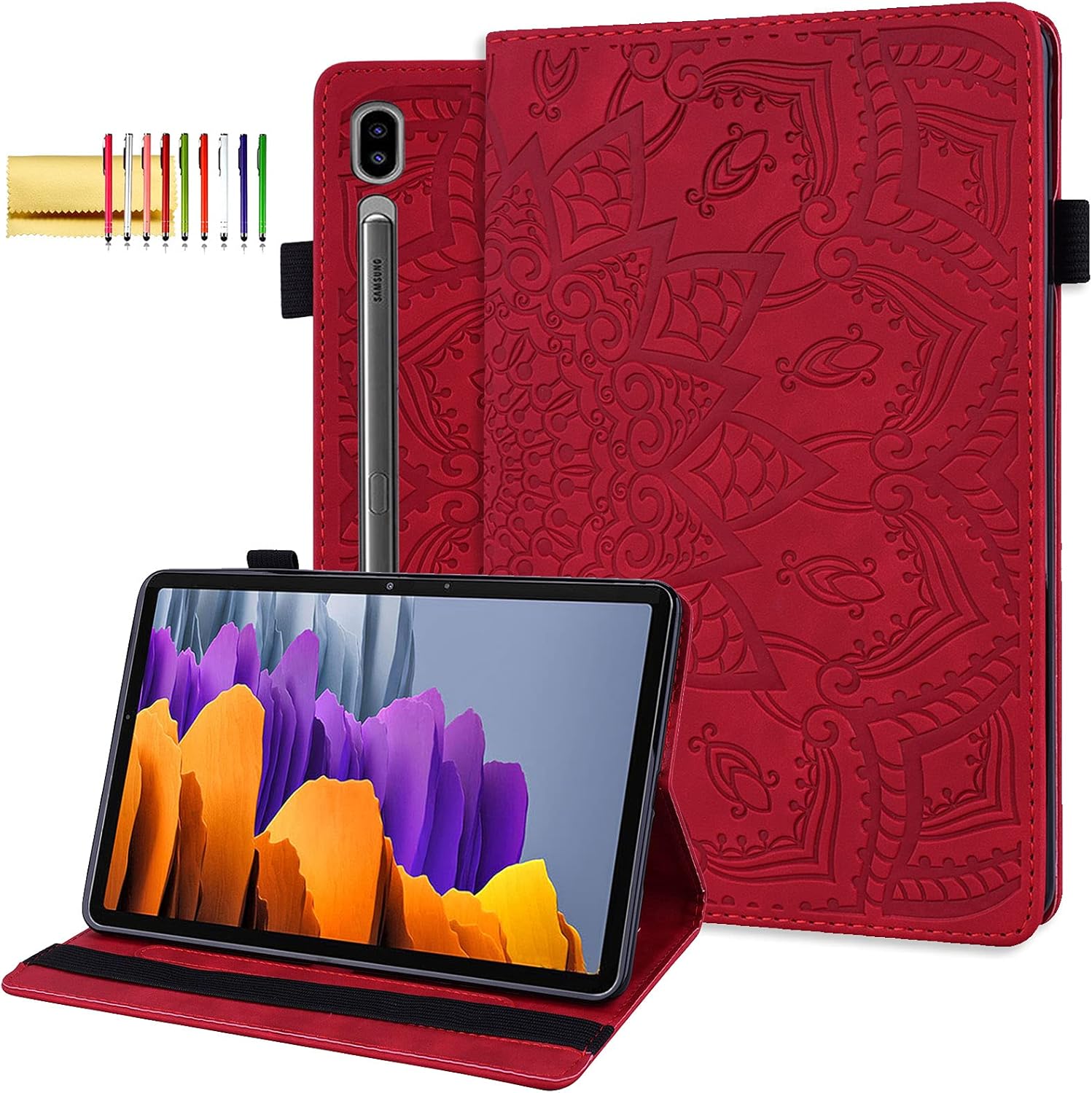 , Folio Case for Samsung Galaxy Tab S9 FE+ 12.4&#8243; SM-X610/SM-X616, Techcircle Mandala Embossed PU Leather Stand Soft Back Cover Slim Light Elastic Band Protective Case with Card Slots+Pen Holder, Red